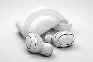 3d rendering of white wireless earphones. True wireless stereo earphones