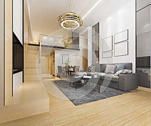 3d rendering white wood living room near bedroom upstair