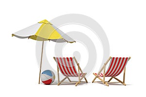 3d rendering of a white and yellow beach umbrella standing above two deck chairs.