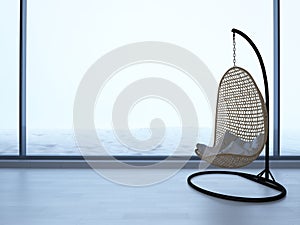 3d rendering wicker chair standing in an empty room on light parquet floor and snow outside the window