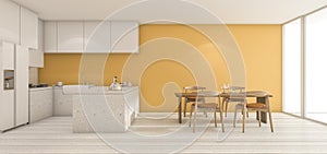 3d rendering wide yellow wall kitchen with dining table in clean condition