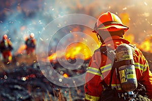 3D Rendering Wildfire firefighters are rushing to build a forest fire line