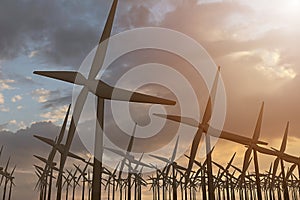 3D rendering of windmills producing engergy in the evening