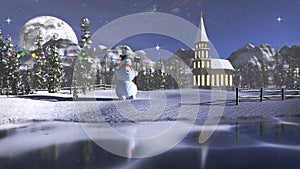 3D rendering of a winter landscape with little church and snowman