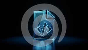 3d rendering wireframe neon glowing symbol of file code on black background with reflection