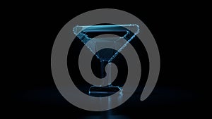 3d rendering wireframe neon glowing symbol of glass martini  on black background with reflection