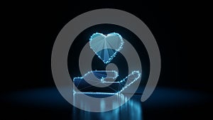 3d rendering wireframe neon glowing symbol of hand holding heart on black background with reflection