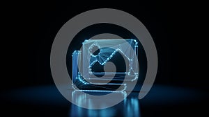 3d rendering wireframe neon glowing symbol of images on black background with reflection