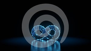 3d rendering wireframe neon glowing symbol of infinity on black background with reflection