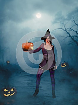 3D rendering of witch holding pumpkin