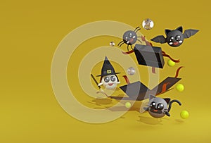 3d rendering witch, spider, cat, bat happy arround black giftbox explored on yellow background