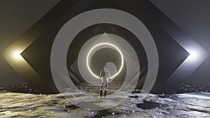 3D Rendering. Woman standing in front of a big portal to another dimension, against a glowing universe of energy