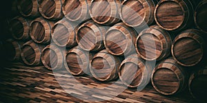 3d rendering wooden barrels background