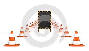 3d rendering of wooden board with way of traffic cones on white background. under construction