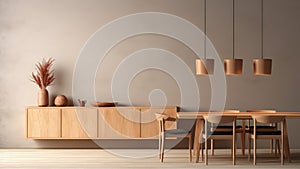 3D rendering of a wooden dining table and upholstery wooden chairs in a modern dining room.