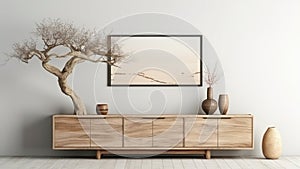 3D rendering of a wooden dresser with a tree and vases on it.