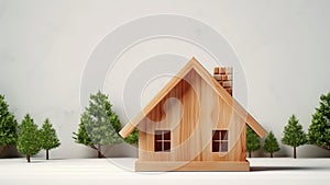 3D rendering of a wooden house model on the floor.