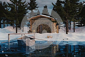 3d rendering of wooden log cabin behind frozen lake in the winter season