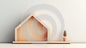 3D Rendering of a wooden model of a house on a wooden base.