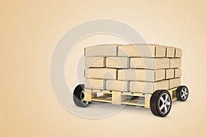 3d rendering of wooden pallet truck loaded with brown-paper parcels on beige background.