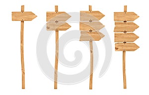 3d rendering of a wooden signpost set with one, two, three and four directional arrows attached.