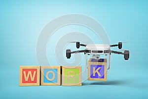 3d rendering of word `WORK` written with ABC blocks, camera drone putting final letter K at the end, on blue background.