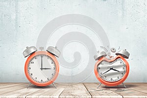 3d rendering of a working silver red alarm clock and a damaged one on white wooden floor and white wall background