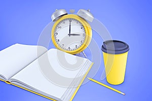 3d rendering of a yellow alarms stands near a yellow coffee cup, a pencil and a notebook on a purple background.