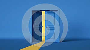 3d rendering, yellow light going through the opening double door isolated on blue background. Architectural design element. Modern