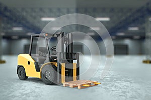 3D rendering, Yellow loader on the background of a large warehouse. The concept of logistics, delivery, transportation, packaging