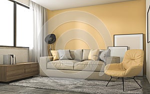 3d rendering yellow loft living room with minimal decoration