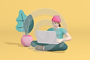 3d rendering of a young man girl, student, schoolboy or businessman sitting on the floor working on a laptop computer. Abstract