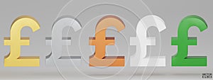 3D renders British Pounds money symbols icon isolated on white background. Gold, silver, copper, green Pound sign. Pound currency