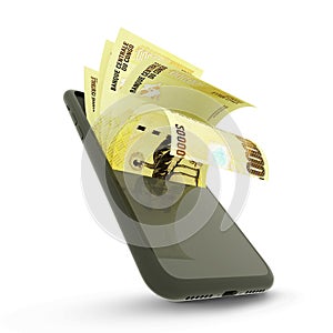 3D rending of Congolese Franc notes inside a mobile phone