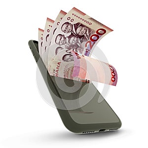 3D rending of Ghanaian cedi notes inside a mobile phone