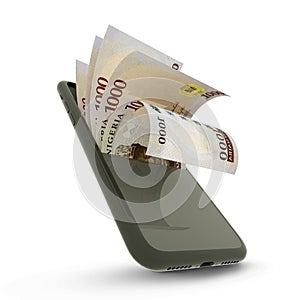 3D rending of Nigerian naira notes inside a mobile phone