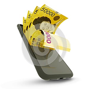 3D rending of South Korean won notes inside a mobile phone