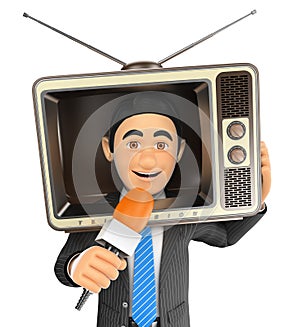 3D Reporter with a vintage television in the head and microphone