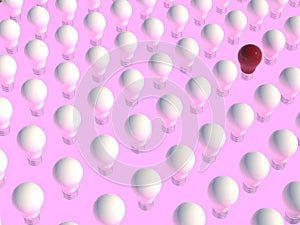 3D representation of white bulbs and 1 red bulb on a pink background