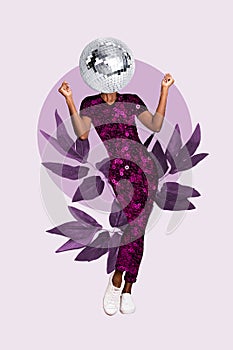 3d retro abstract creative artwork template collage of elegant woman disco ball instead head costume sequins leaves