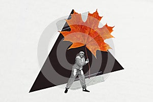 3d retro abstract creative artwork template collage of funky guy holding huge maple leaf isolated black white color