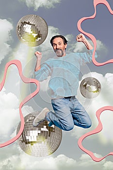 3d retro abstract creative artwork template collage of funky lucky guy rising fists enjoying discotheque isolated