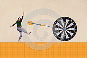 3d retro abstract creative artwork template collage of funny female throw darts board target analysis success magazine