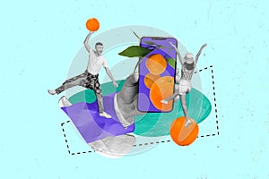 3d retro abstract creative artwork template collage of hand hold smartphone funny young man female have fun orange juice