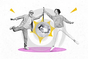 3d retro abstract creative artwork template collage of lady senior guy holding rope huge big disco ball isolated