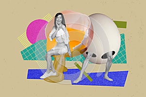 3d retro abstract creative artwork template collage of surprised female row egg legs walking concept weird freak bizarre