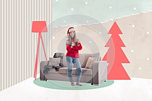 3d retro abstract creative artwork template collage of young female decoration apartment new year atmosphere christmas