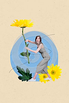 3d retro abstract creative collage artwork template of happy funny lady rising big huge flower isolated painting