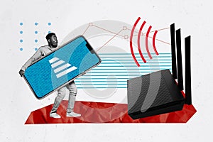 3d retro artwork template collage of man hold telephone screen router wifi internet broadband wlan wireless weird freak