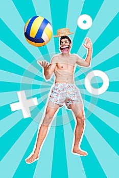 3d retro creative artwork template collage of cool funky guy playing beach volleyball isolated teal color background